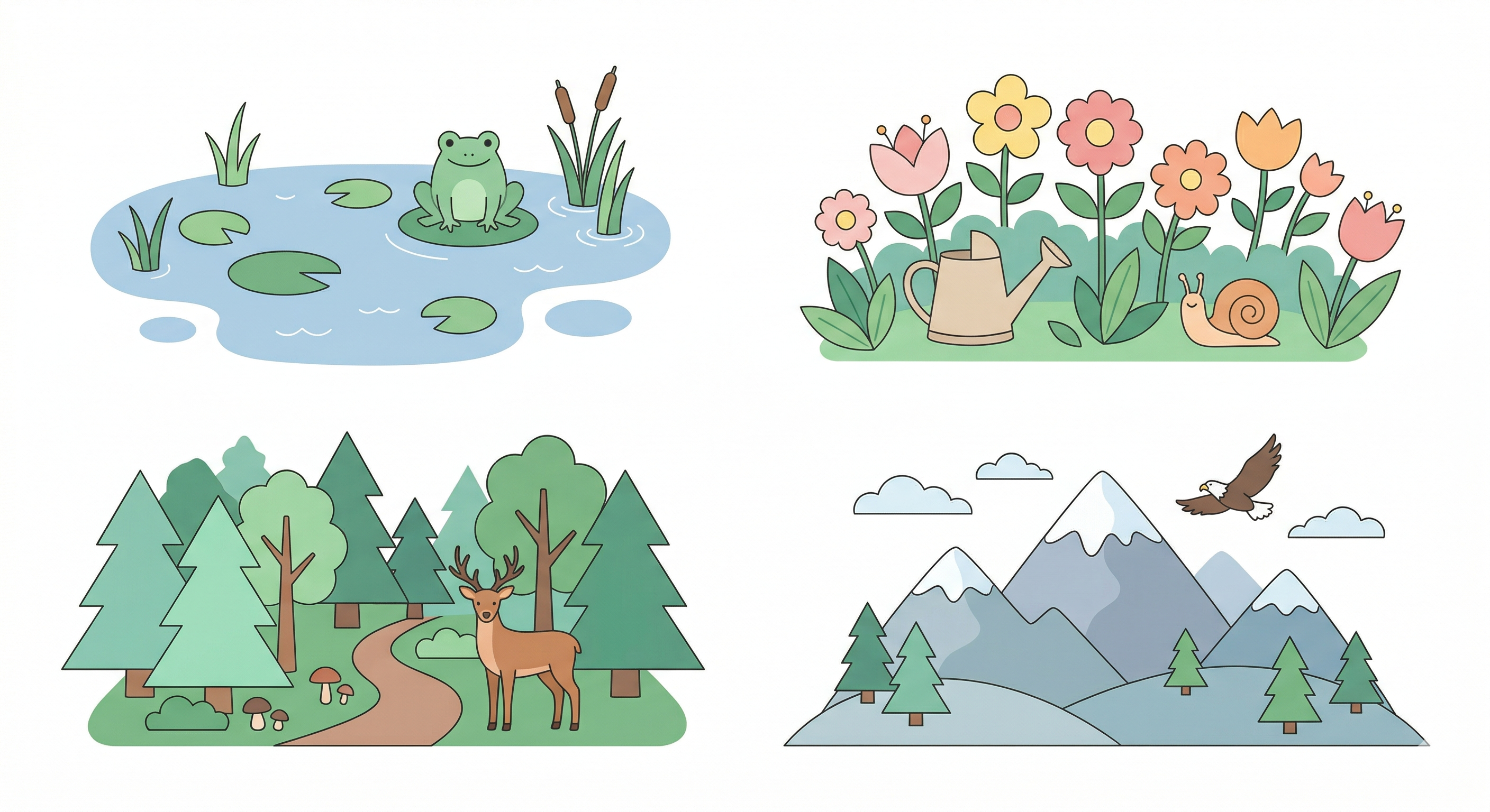 Four nature zones: pond with frog, garden with flowers, forest with deer, and mountains with eagle